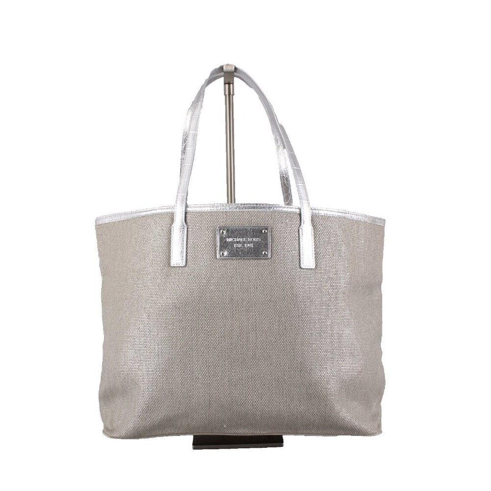 Michael Kors Purse 18 x 12 x 6 Silver Tan Side Pocket 100% Cotton Pu Trim Purse